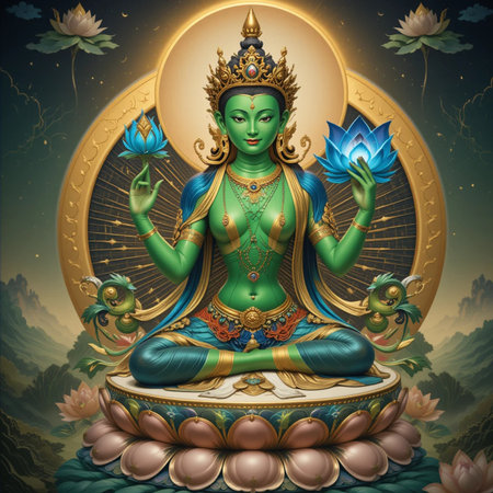 Green Tara's symbols include her green skin (vitality, active compassion), the extended right leg & folded left leg (readiness to act, connection to wisdom), a blue lotus (purity)の素材