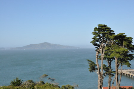 View of Alcatraz Island in San Francisco with blue sky and treeの写真素材