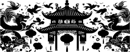 Chinese temple. Vector illustration in black and white colors on a white background. Silhouette of Happy Chinese New Year.のイラスト素材