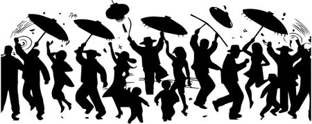 Crowd of people with umbrellas silhouettes. Vector illustration. Silhouette of Happy Chinese New Year.のイラスト素材