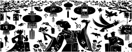Chinese traditional black and white seamless pattern with birds and lanterns. Silhouette of Happy Chinese New Year.のイラスト素材