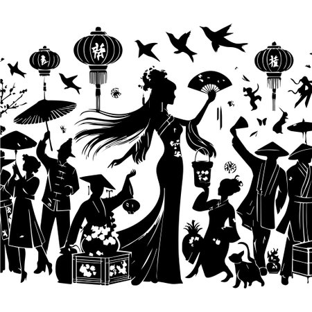 Seamless pattern with the image of the traditional Chinese characters. Silhouette of Happy Chinese New Year.のイラスト素材