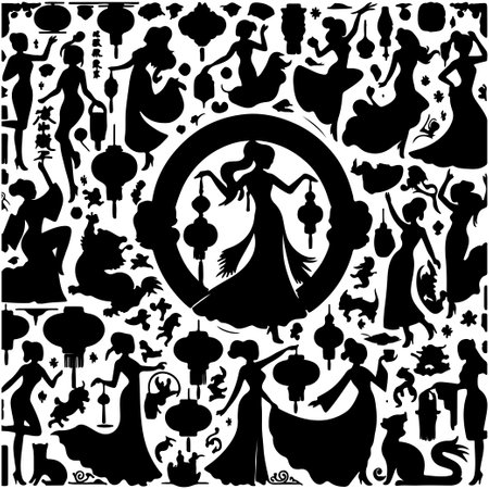 Set of black silhouettes of women on a white background, vector illustration. Silhouette of Happy Chinese New Year.のイラスト素材