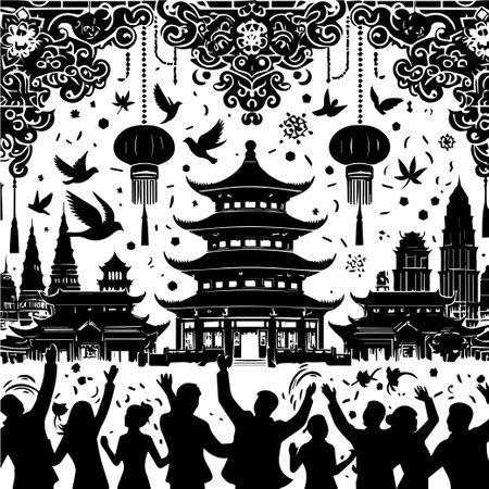 Seamless pattern with Chinese temple and people. Vector illustration. Illustration of a Chinese New Year background with people silhouettes.のイラスト素材