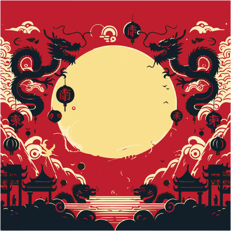 Chinese New Year background with dragon, moon, clouds and lanterns.のイラスト素材