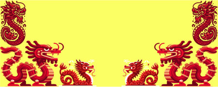 Chinese New Year banner template with red dragon on yellow background. Vector illustration.のイラスト素材