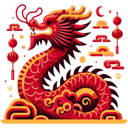 Red dragon with Chinese ornament made in the form of vector illustration. Chinese New Year dragon template.のイラスト素材