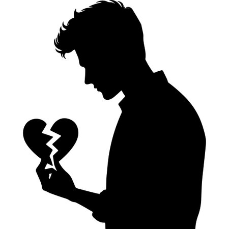Vector silhouette of a man with broken heart on a white background.のイラスト素材