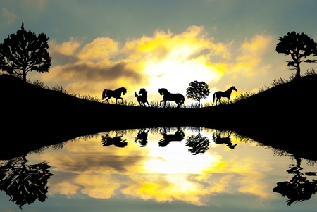 Safari in Africa. Silhouette of wild animals reflection in water. の写真素材