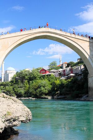 Old bridge in Mostar and river Neretvaの写真素材
