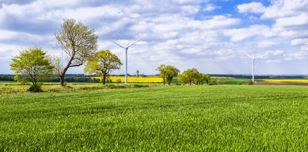 Wind turbines and beautiful farmland landscape