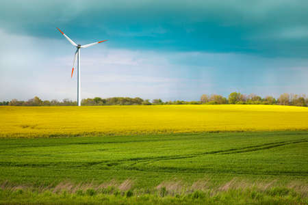 Green meadow and farmland with a wind turbine generating electricityの写真素材