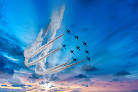 Fantastic air show at sunsetの写真素材