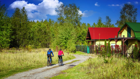 Couple riding bicycle in forest in warm spring dayの写真素材