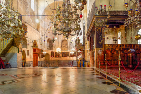 Picture showing the inside of the Nativity Church in Bethlehemの写真素材
