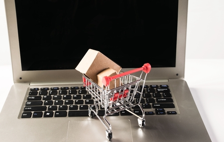 Shopping online concept with hand trolley and laptopのeditorial素材