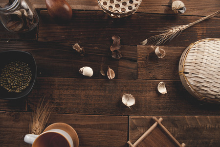 Wooden autumn tabletop placementの写真素材