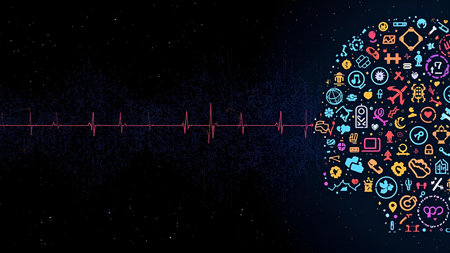 illustration of heart beat cardiogram on dark background with iconsの素材