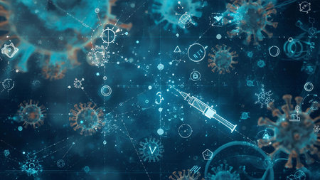 Coronavirus vaccine and syringe against blue background 3D renderingの素材