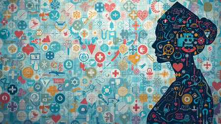 Digital composite of Silhouette of woman with medical icons against blue backgroundの素材