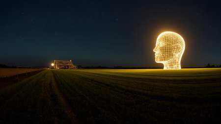 Human head in front of a house in a field at night.の素材