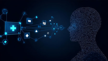 Silhouette of a man head with medical icons on blue background. Vector illustration.の素材