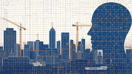 Silhouette of a man head with construction site in the backgroundの素材