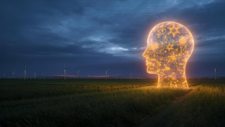 Silhouette of a human head with a glowing brain in the middle of a field with wind turbines in the backgroundの素材