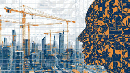 Double exposure of human head and construction cranes on skyscraper backgroundの素材