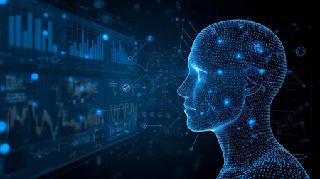 3d rendering of artificial intelligence concept with human head over blue backgroundの素材