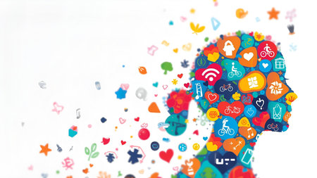 Social media background with colorful icons and people silhouettes. 3D renderingの素材