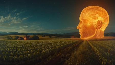 Conceptual image with human head in the middle of a fieldの素材