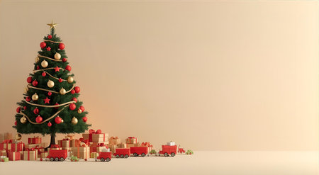 3D rendering of a Christmas tree with gifts and a toy trainの素材