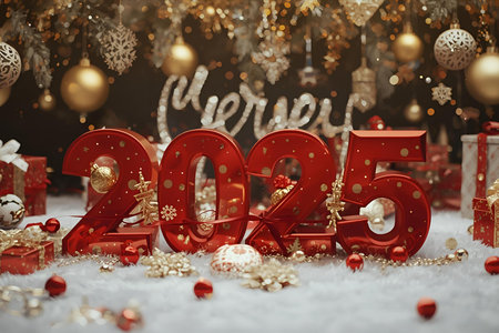 Happy New Year 2015. Red numbers on the background of Christmas decorations.の素材