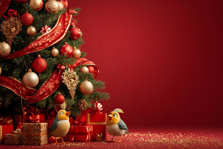 Christmas tree with gifts and toys on red background. 3d rendering.の素材