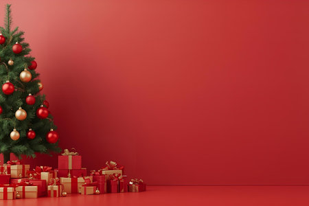 3d render of christmas tree and gift boxes on red backgroundの素材