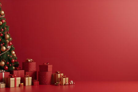 Christmas tree with presents in front of red wall. 3D renderingの素材