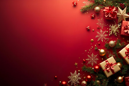 Christmas background with decorations and gift boxes. Top view with copy spaceの素材