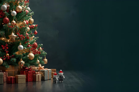 Christmas tree with gifts and toys on a dark background. 3d renderingの素材