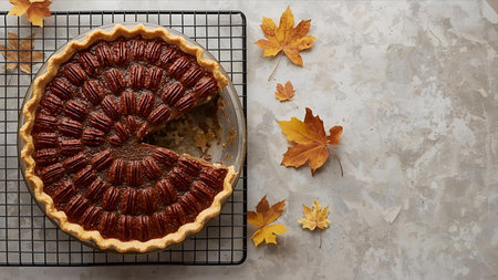 Freshly baked homemade cherry pie on a cooling rack with autumn leavesの素材