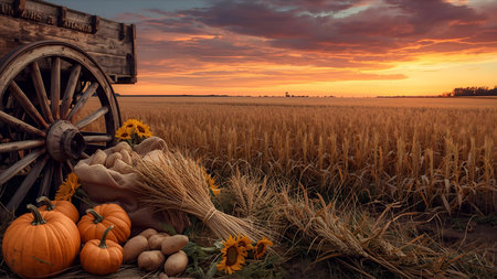 Harvesting of pumpkins on a wheat field at sunset.の素材