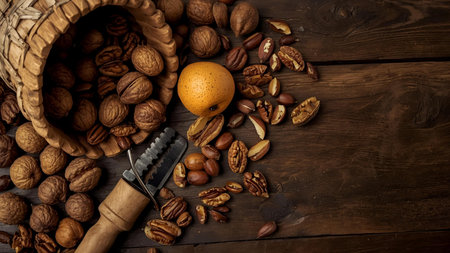 Walnuts, pecan and hazelnuts on a wooden tableの素材