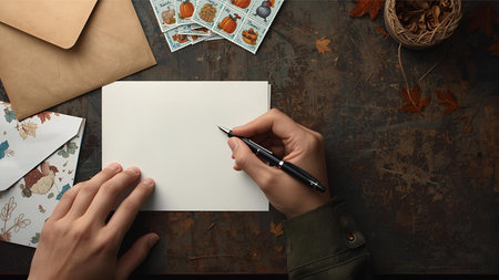 top view of female hands writing on blank sheet of paper on rustic tableの素材