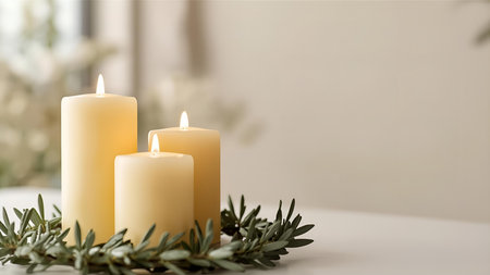 Burning candles with eucalyptus branches on table indoorsの素材