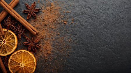 Cinnamon sticks, star anise and dried orange slices on black backgroundの素材