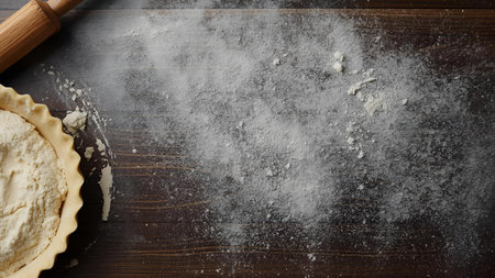 Preparation of the dough for baking on a dark wooden backgroundの素材