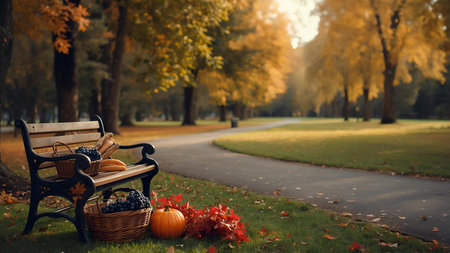 Autumn park bench with basket of berries and pumpkins in the parkの素材