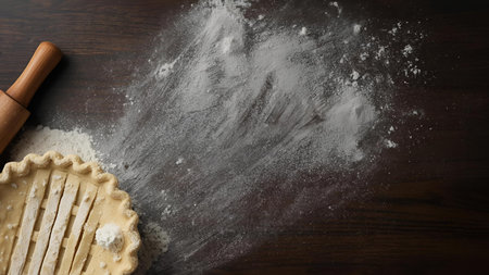 rolling pin with flour on a wooden table, top view, copy spaceの素材