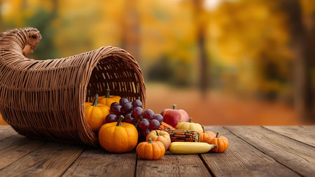 Autumn still life with basket of pumpkins, apples and grapesの素材