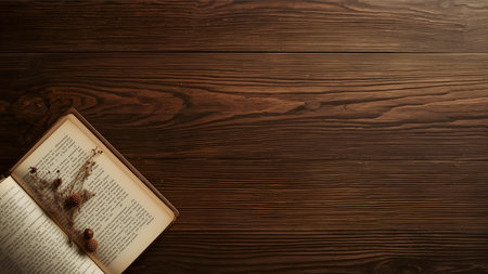 Old book on a wooden background. Top view with copy space.の素材